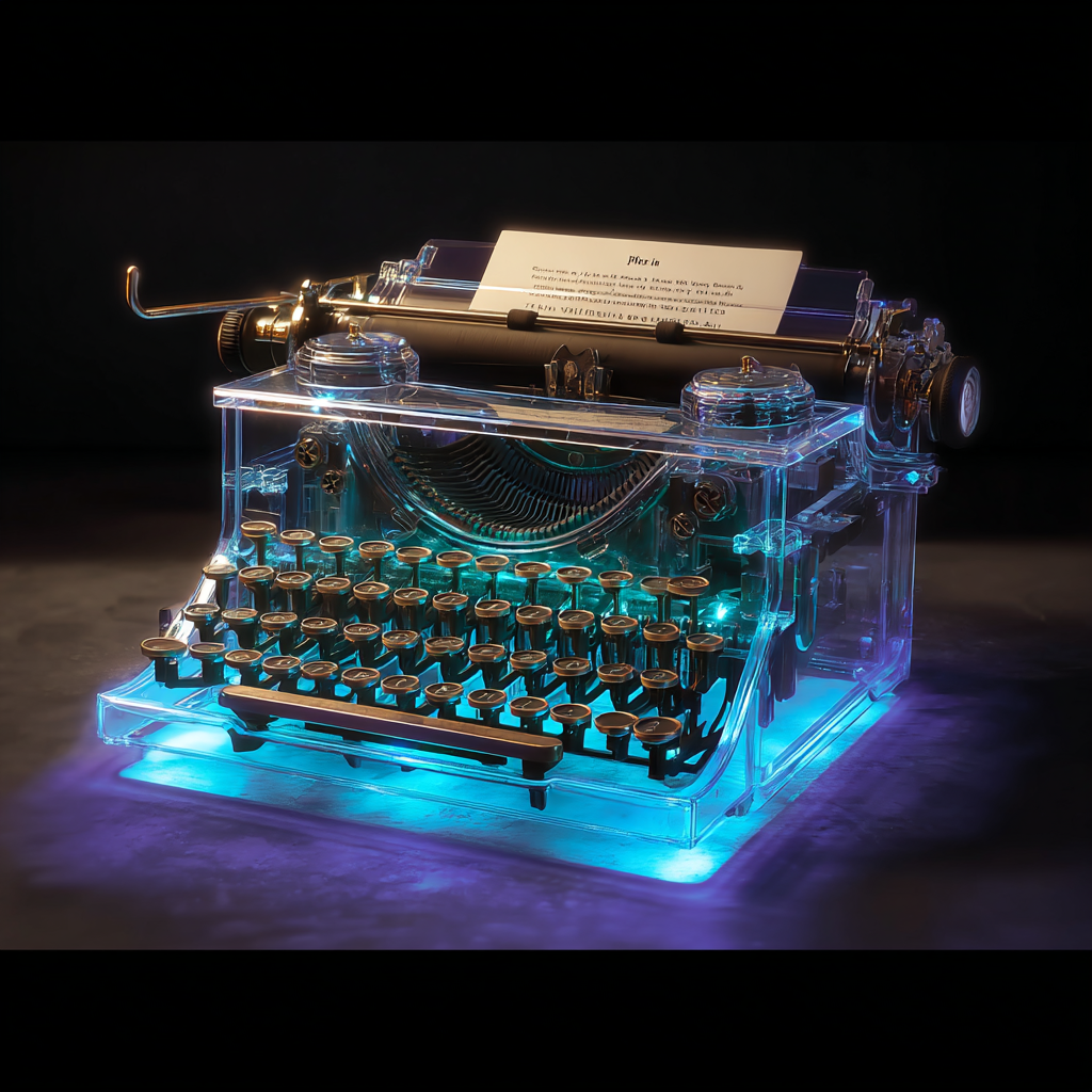 Lucite transparent typewriter with cyan glow