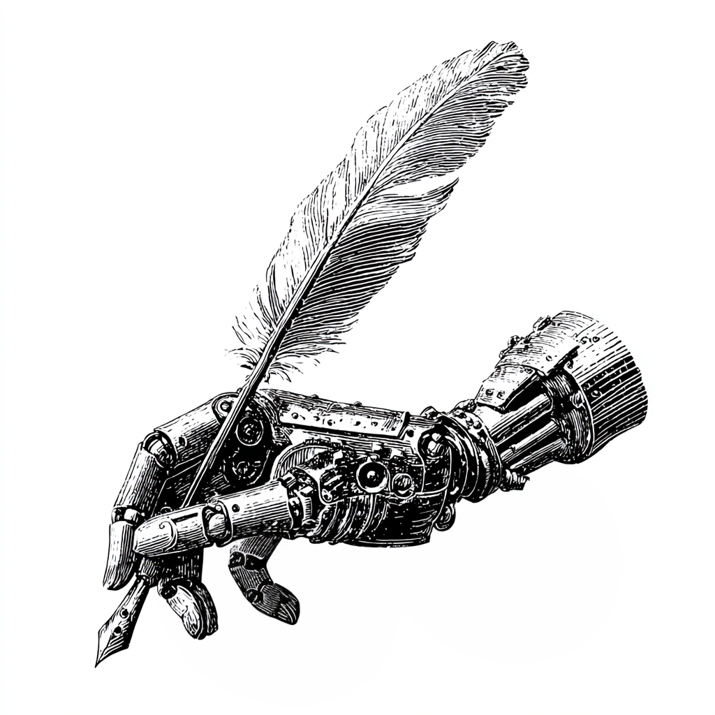 Robotic hand holding a quill pen