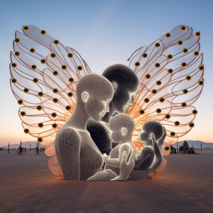 Idealized, symbolic parents from any background holding children with care, with lighted wings behind them.